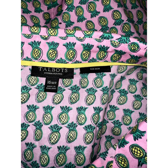 TALBOTS Top Plus Size 16WP Pink Non Iron Pineapple Print Sleeveless Button Shirt - Picture 7 of 7